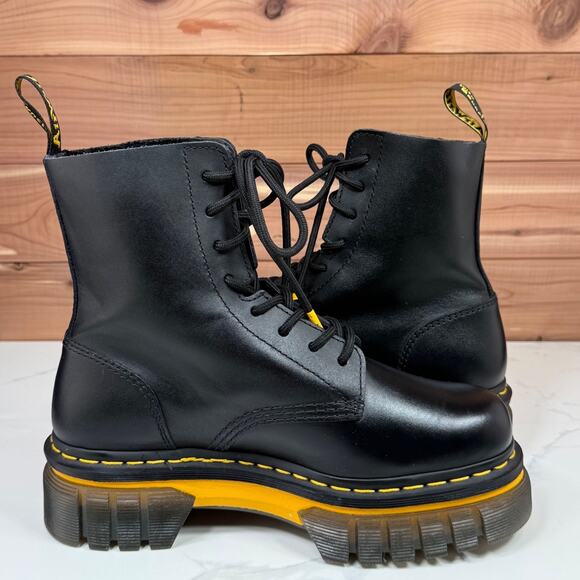 Dr. Martens Audrick Boot Black Leather Yellow Stitch Platform Women's size 8 - Picture 11 of 16